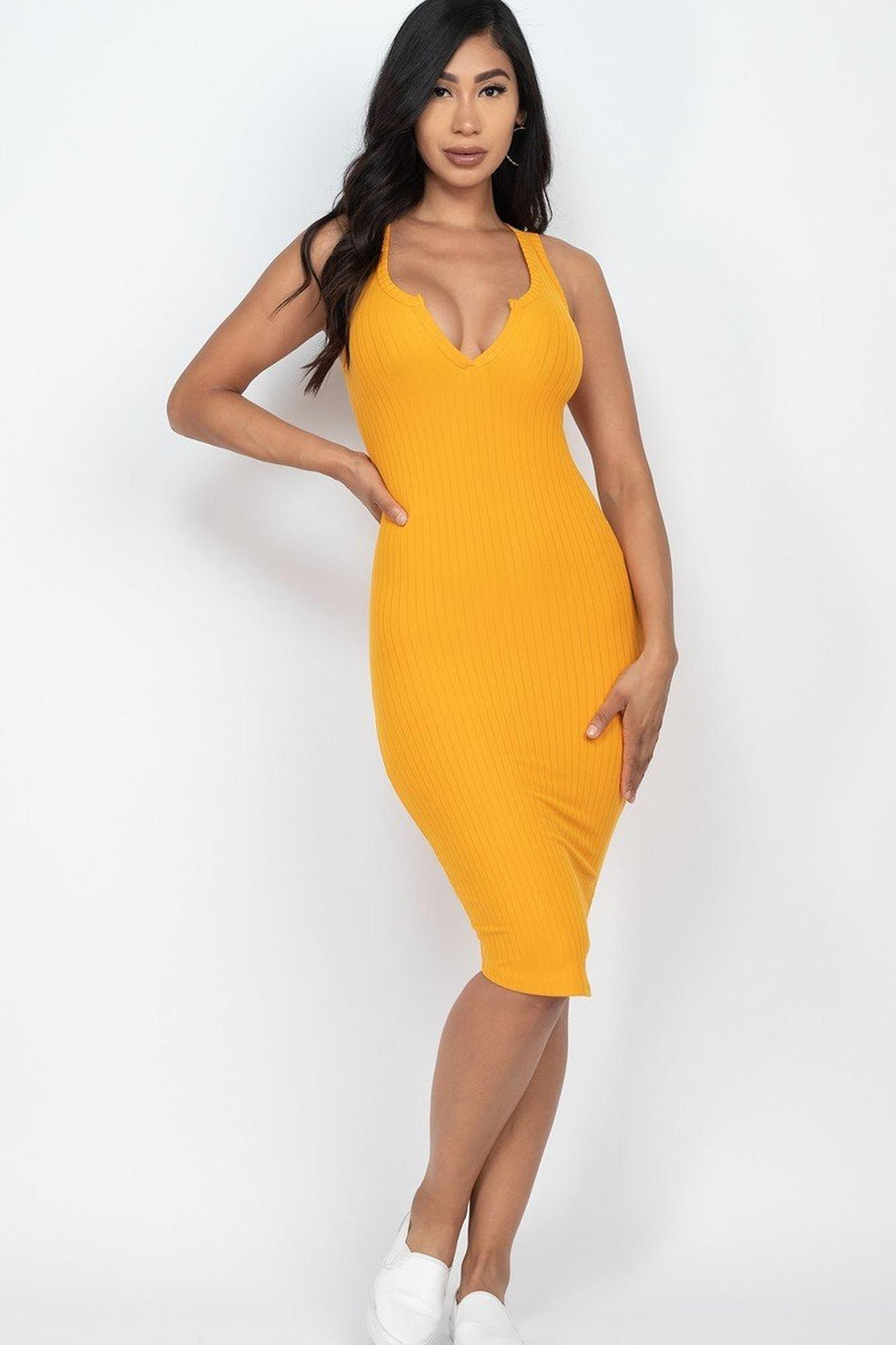 Wholesale Sleeveless Split V Neckline Rib Knit Bodycon Midi Dress