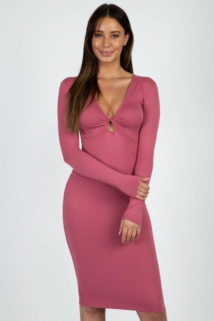 Wholesale V-Neck Keyhole Twist Front Long Sleeve Bodycon Midi Dress