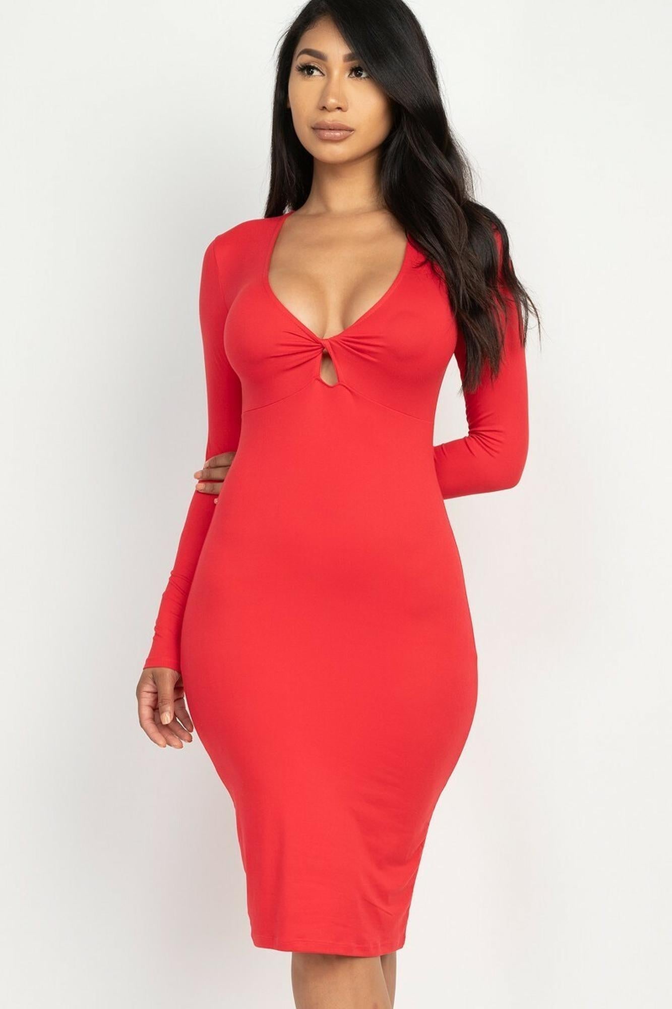 Wholesale V-Neck Keyhole Twist Front Long Sleeve Bodycon Midi Dress