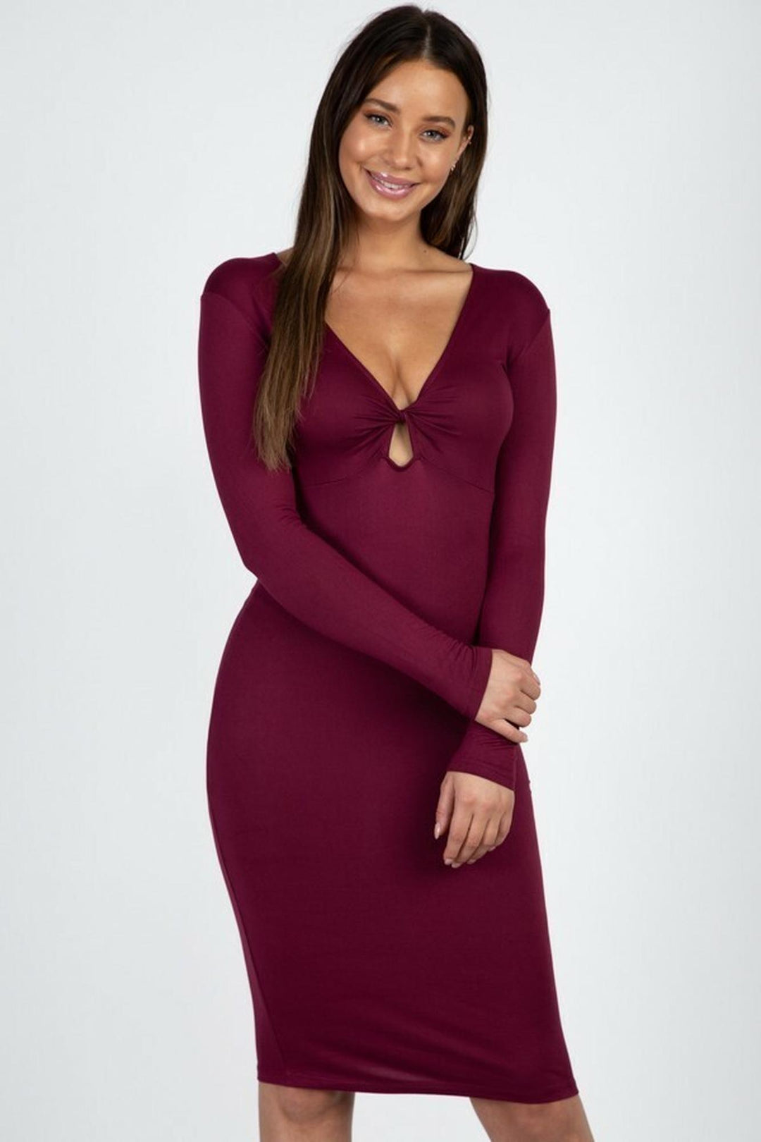 Wholesale V-Neck Keyhole Twist Front Long Sleeve Bodycon Midi Dress