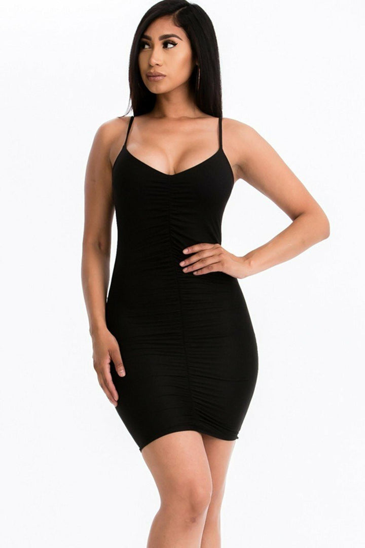 Wholesale Ruched V-Neck Spaghetti Strap Mini Bodycon Dress