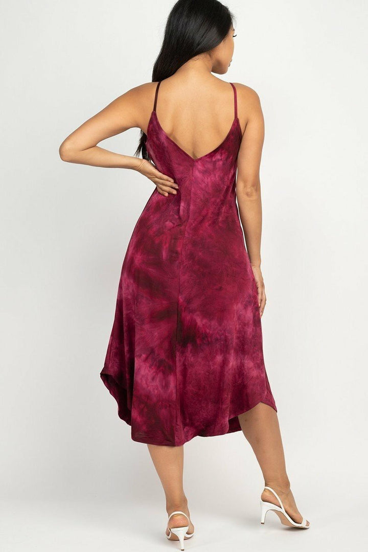 Wholesale Acid Wash Tie Dye Spaghetti Strap V-Neck Midi Dress