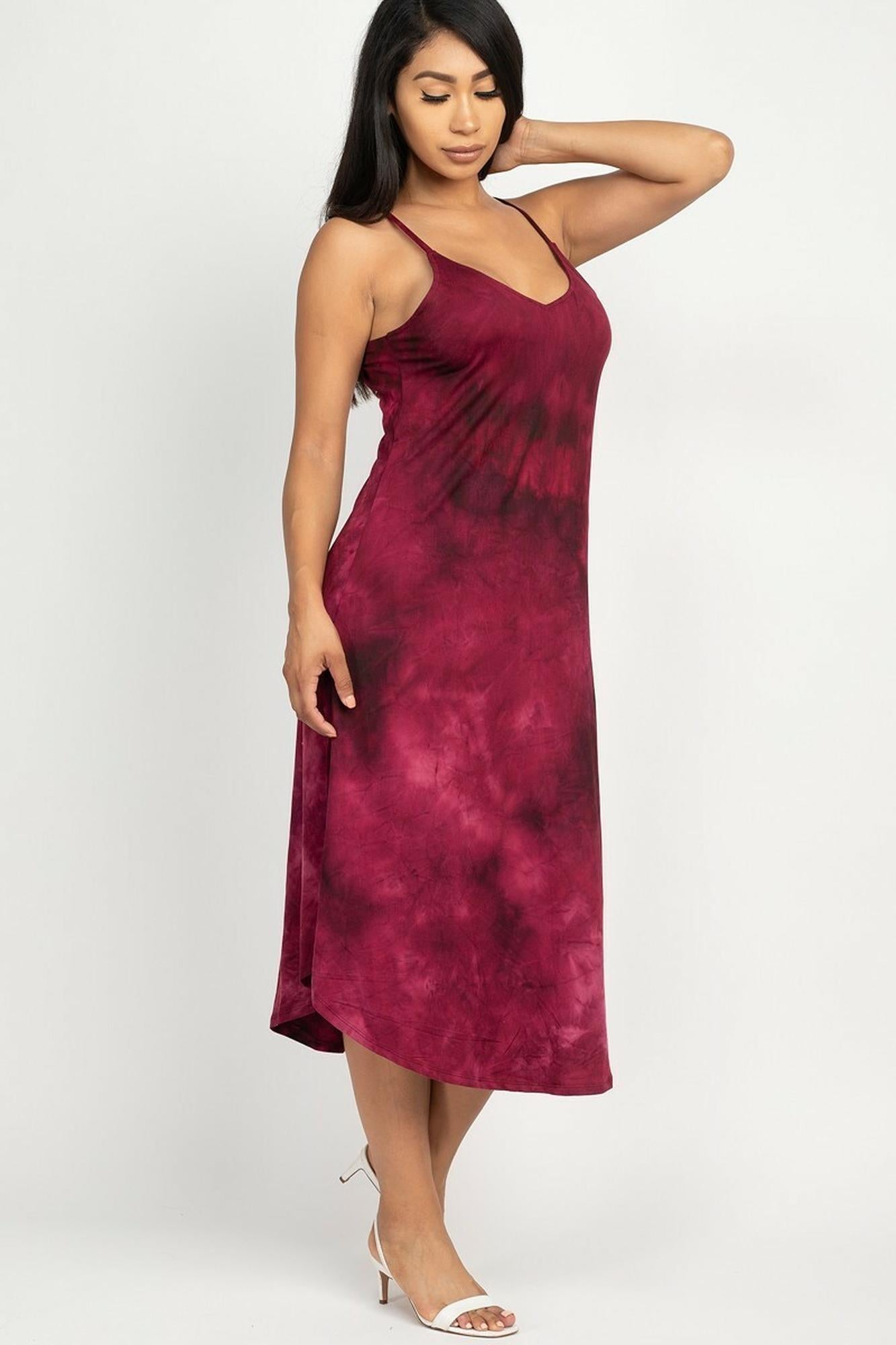 Wholesale Acid Wash Tie Dye Spaghetti Strap V-Neck Midi Dress