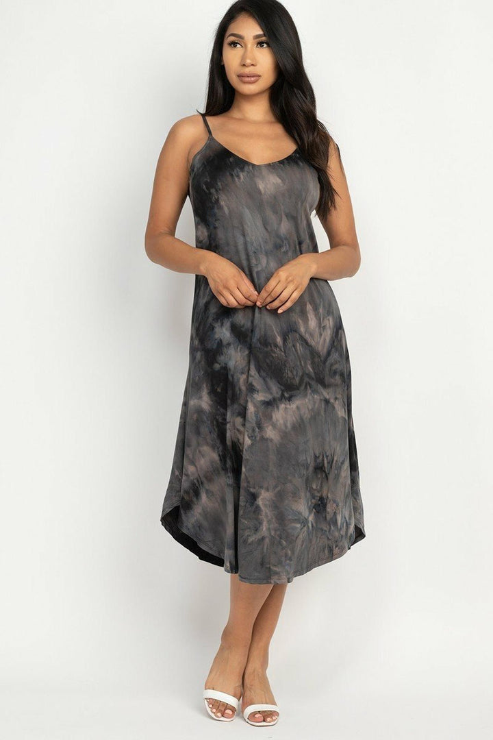 Wholesale Acid Wash Tie Dye Spaghetti Strap V-Neck Midi Dress