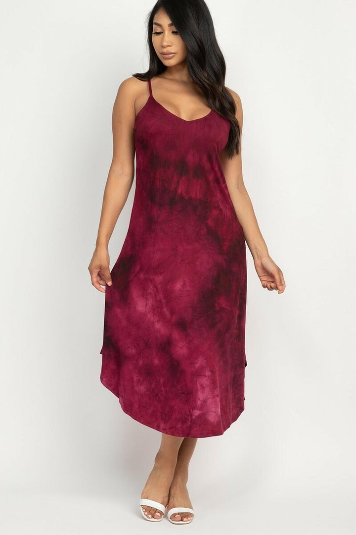 Wholesale Acid Wash Tie Dye Spaghetti Strap V-Neck Midi Dress