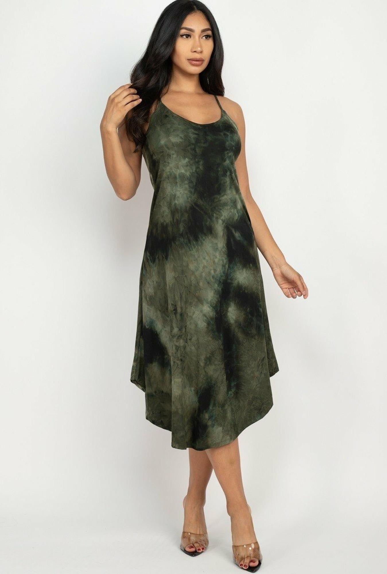 Wholesale Acid Wash Tie Dye Spaghetti Strap V-Neck Midi Dress