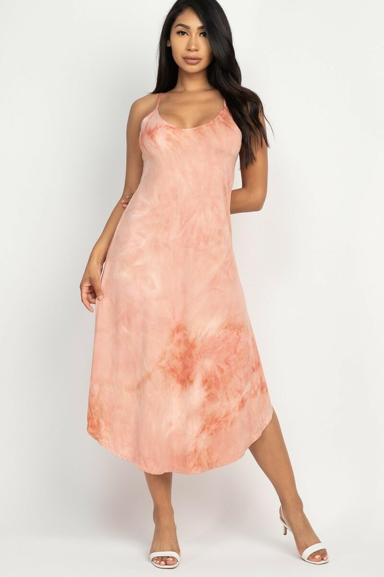 Wholesale Acid Wash Tie Dye Spaghetti Strap V-Neck Midi Dress
