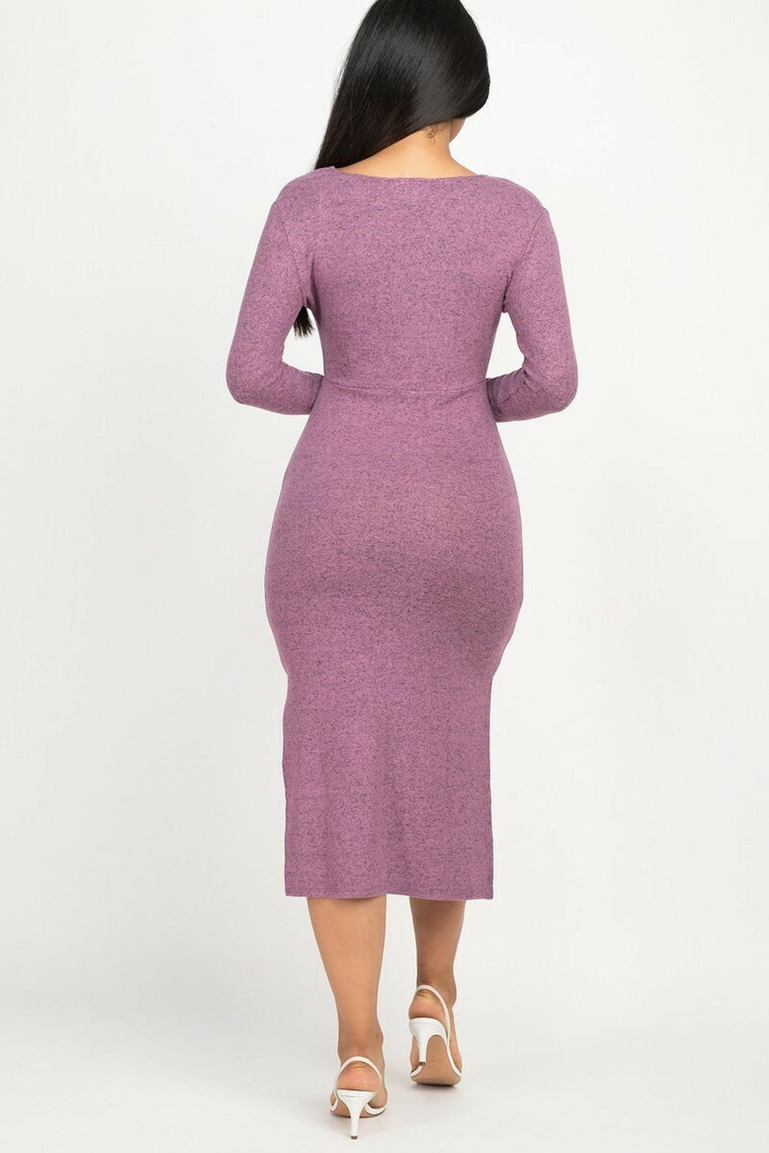 Wholesale Long Sleeve V-Neck Brushed Knit Double Side Slit Midi Dress