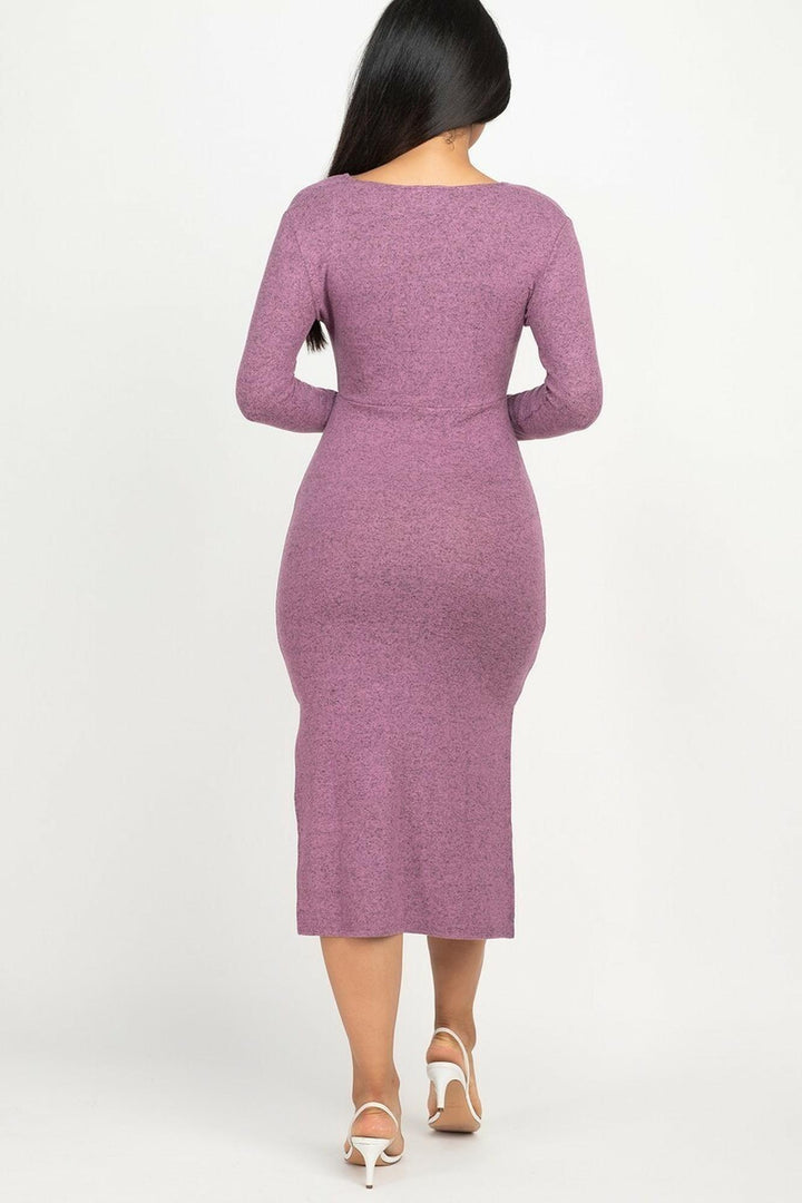 Wholesale Long Sleeve V-Neck Brushed Knit Double Side Slit Midi Dress