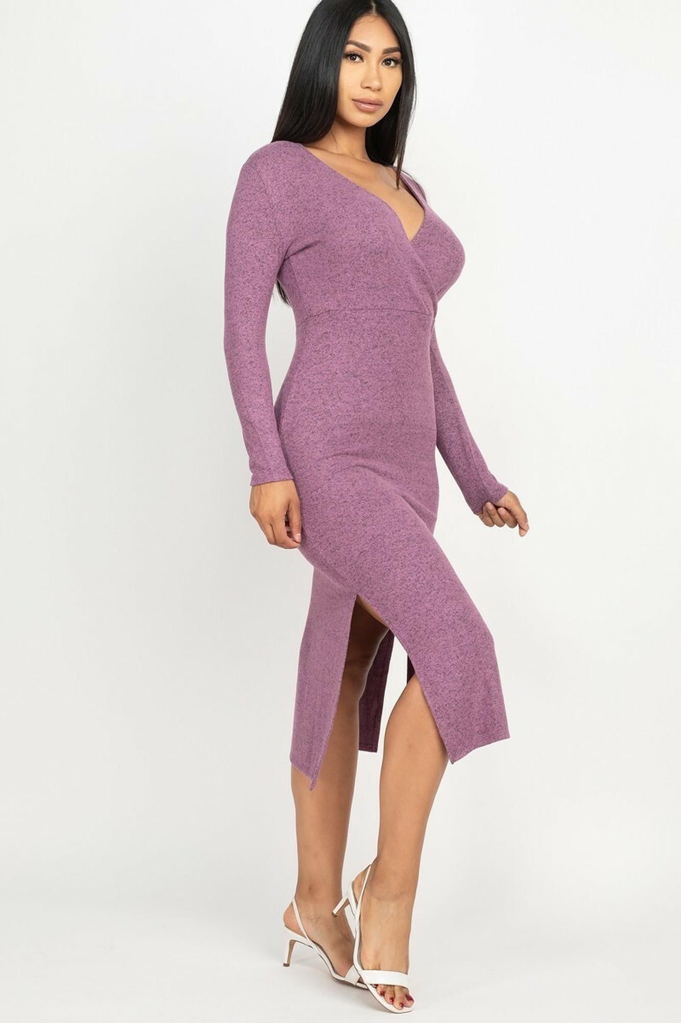 Wholesale Long Sleeve V-Neck Brushed Knit Double Side Slit Midi Dress