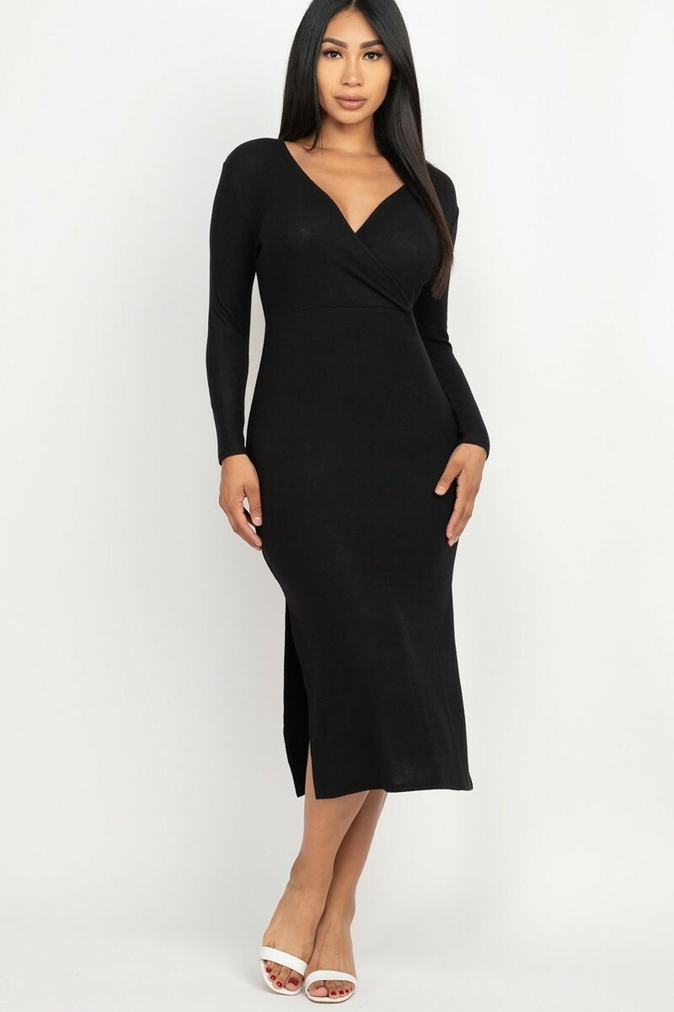 Wholesale Long Sleeve V-Neck Brushed Knit Double Side Slit Midi Dress