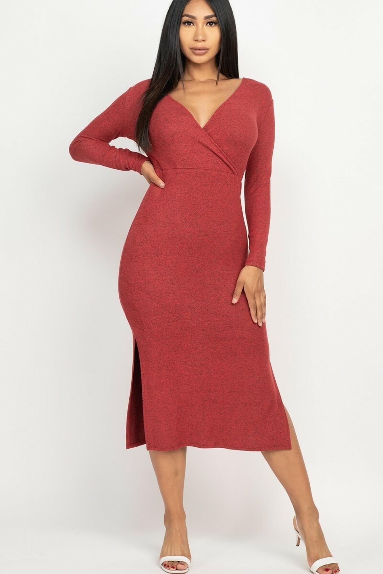 Wholesale Long Sleeve V-Neck Brushed Knit Double Side Slit Midi Dress