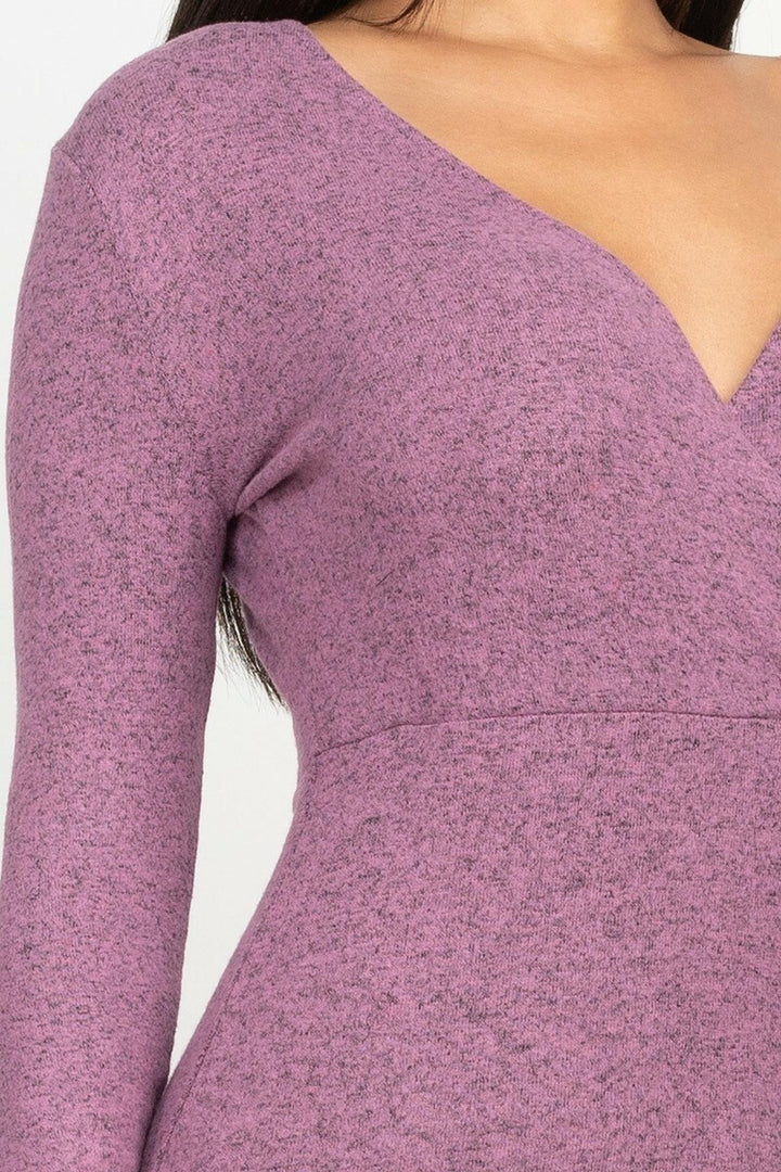 Wholesale Long Sleeve V-Neck Brushed Knit Double Side Slit Midi Dress