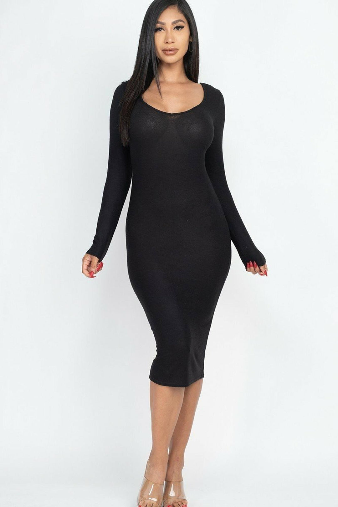 Wholesale Long Sleeve Brushed Knit Scoop Back Midi Dress