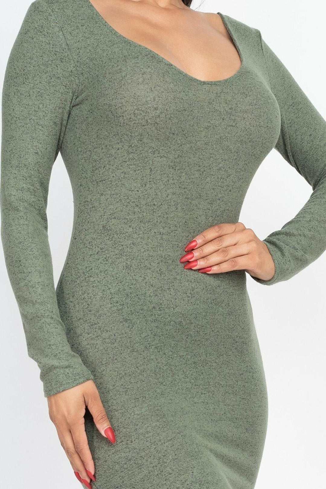 Wholesale Long Sleeve Brushed Knit Scoop Back Midi Dress