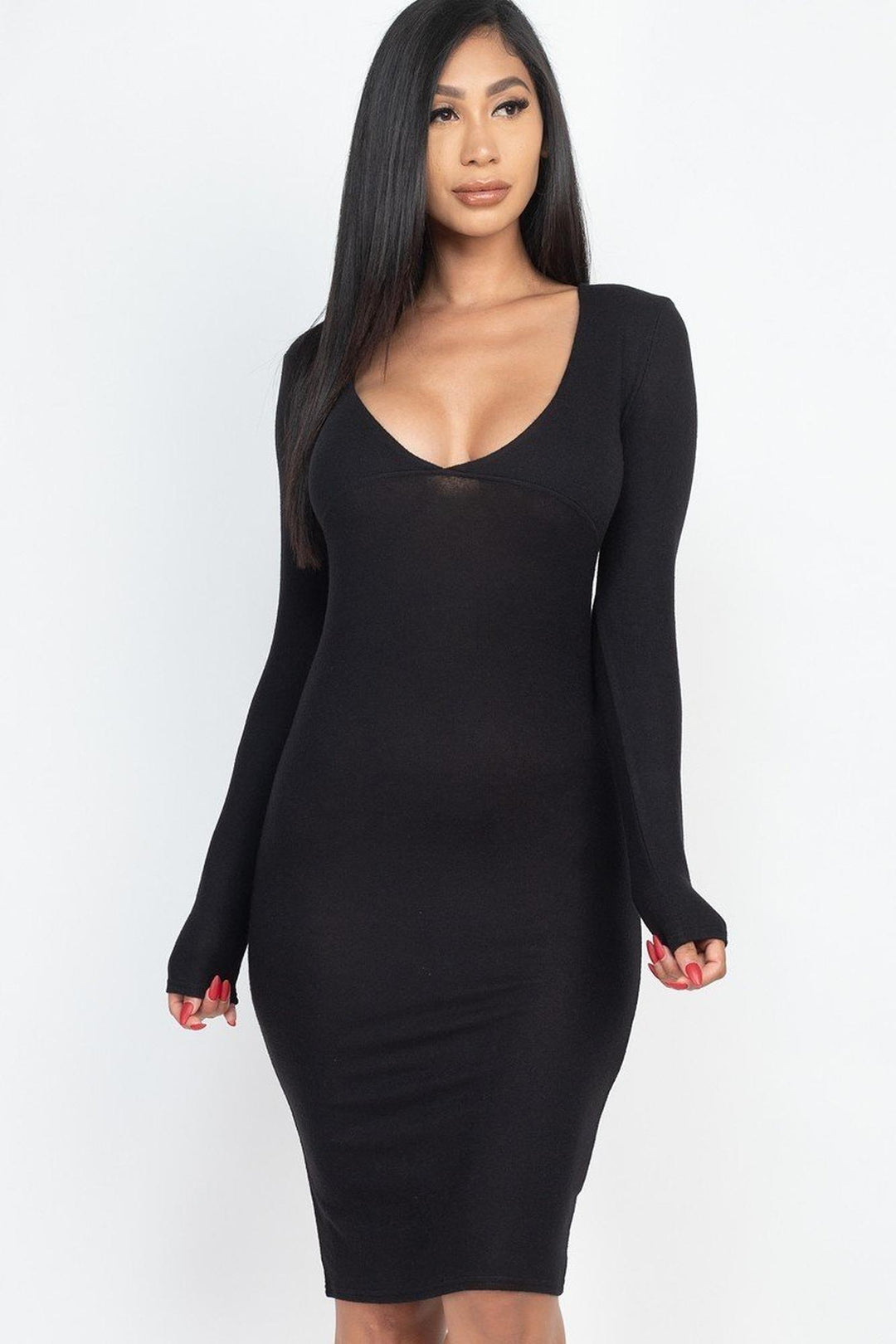 Wholesale Long Sleeve Brushed Knit Deep V-Neck Midi Dress