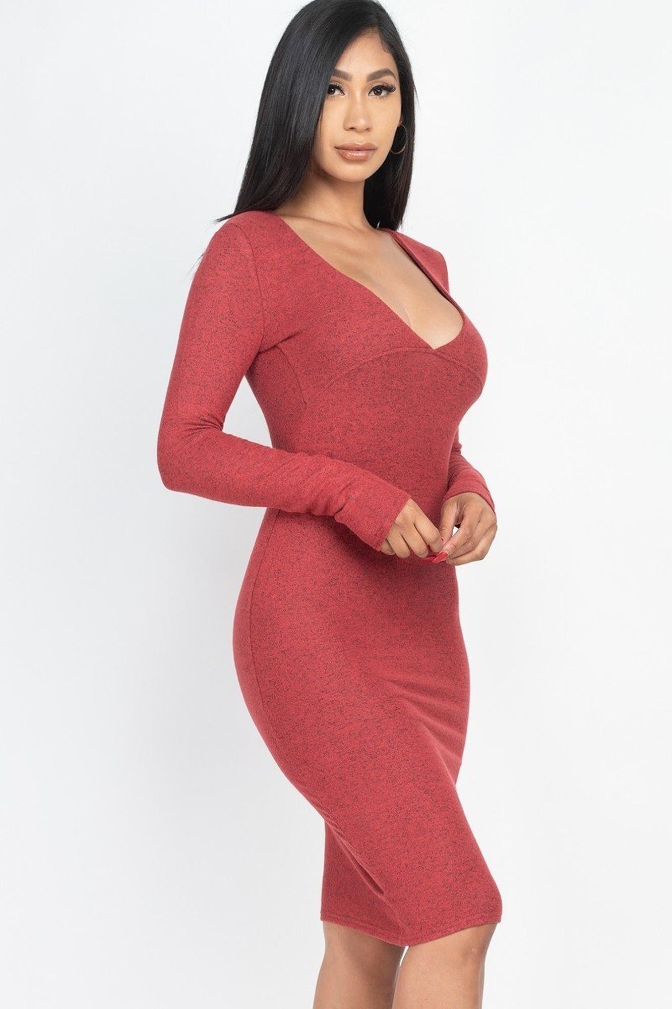 Wholesale Long Sleeve Brushed Knit Deep V-Neck Midi Dress