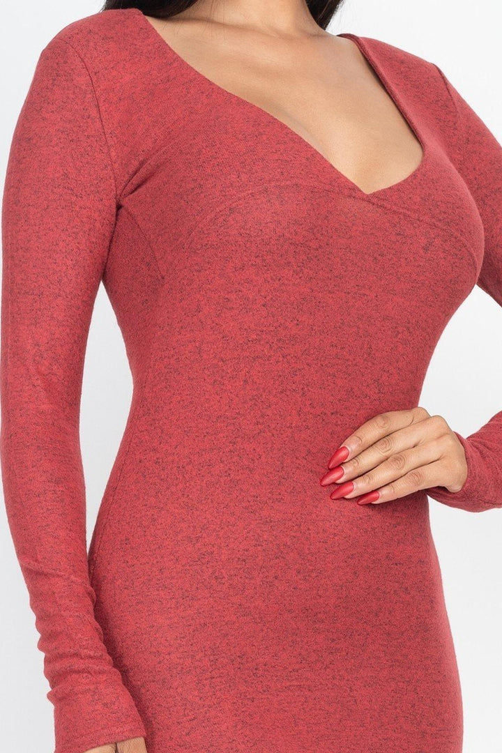 Wholesale Long Sleeve Brushed Knit Deep V-Neck Midi Dress