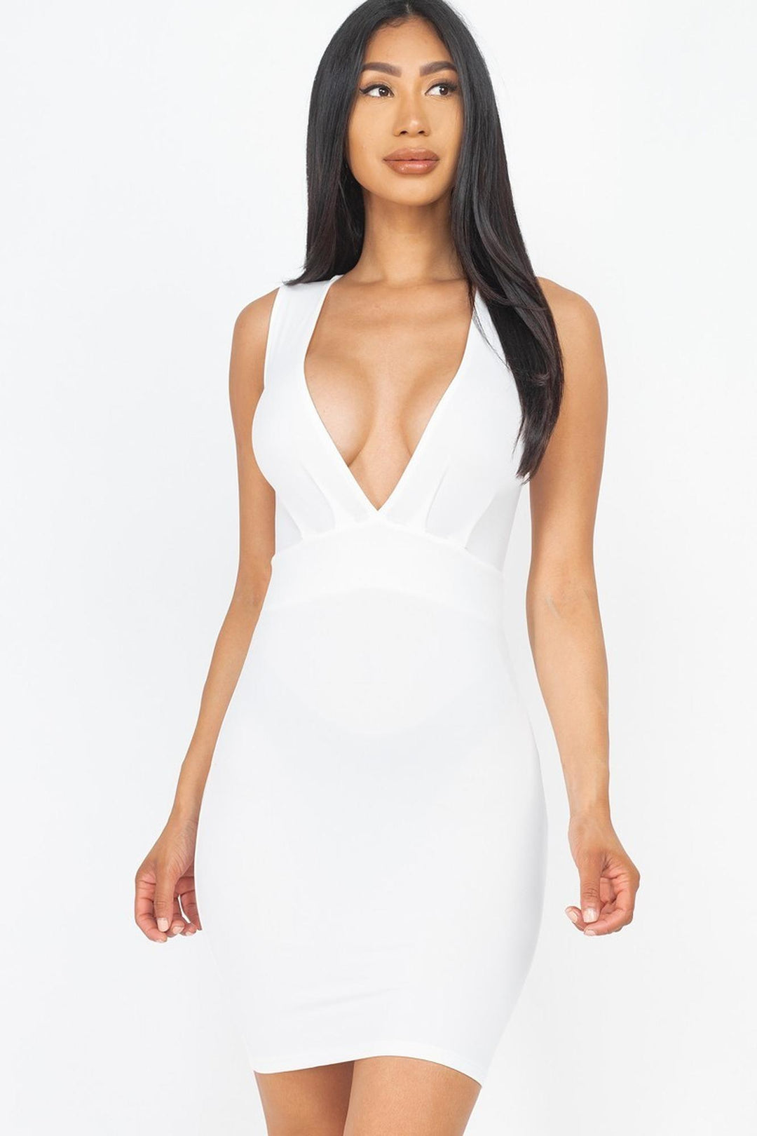 Wholesale Front Tuck Bodycon Mini Dress with Plunging V Neckline