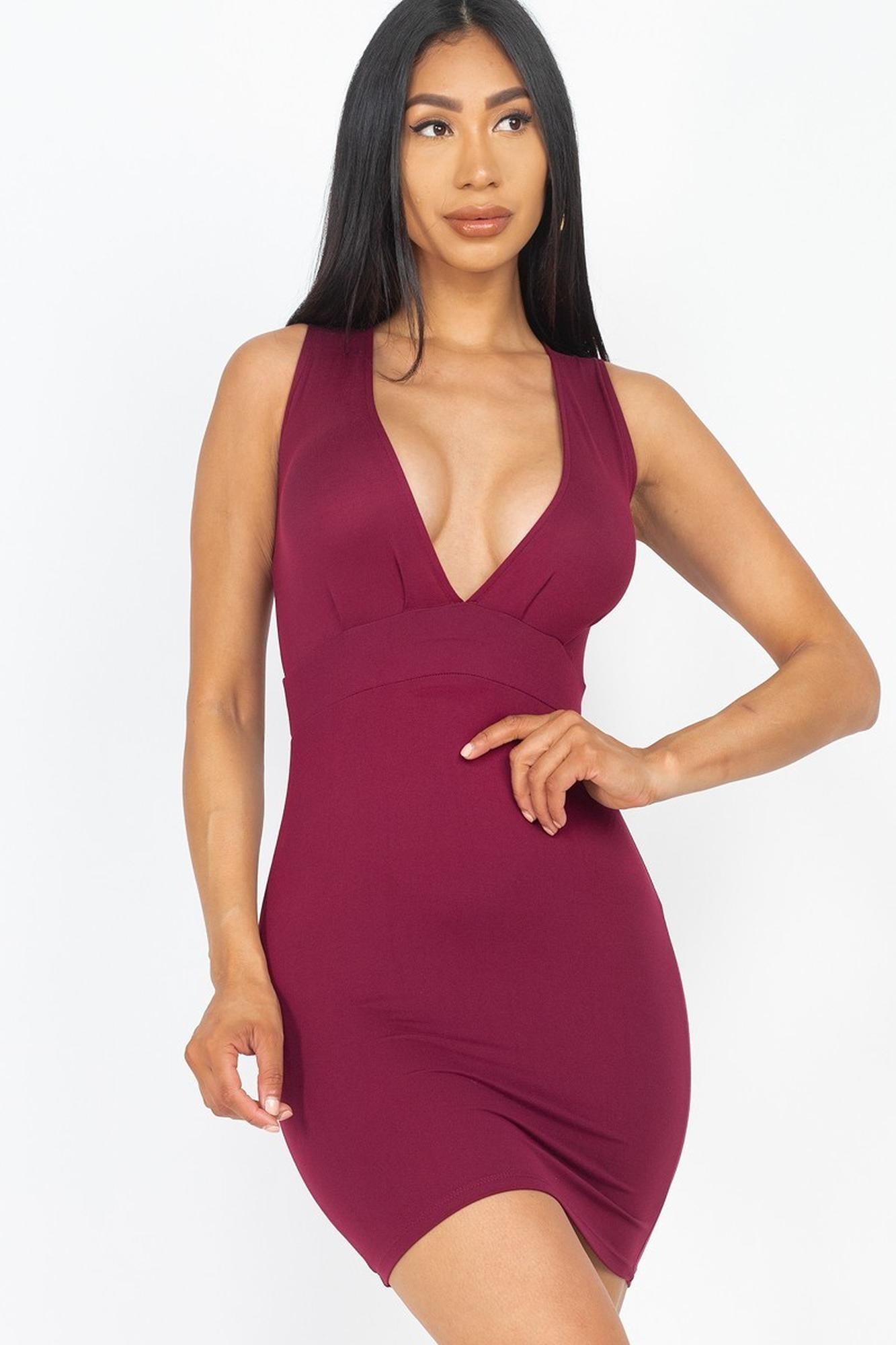 Wholesale Front Tuck Bodycon Mini Dress with Plunging V Neckline