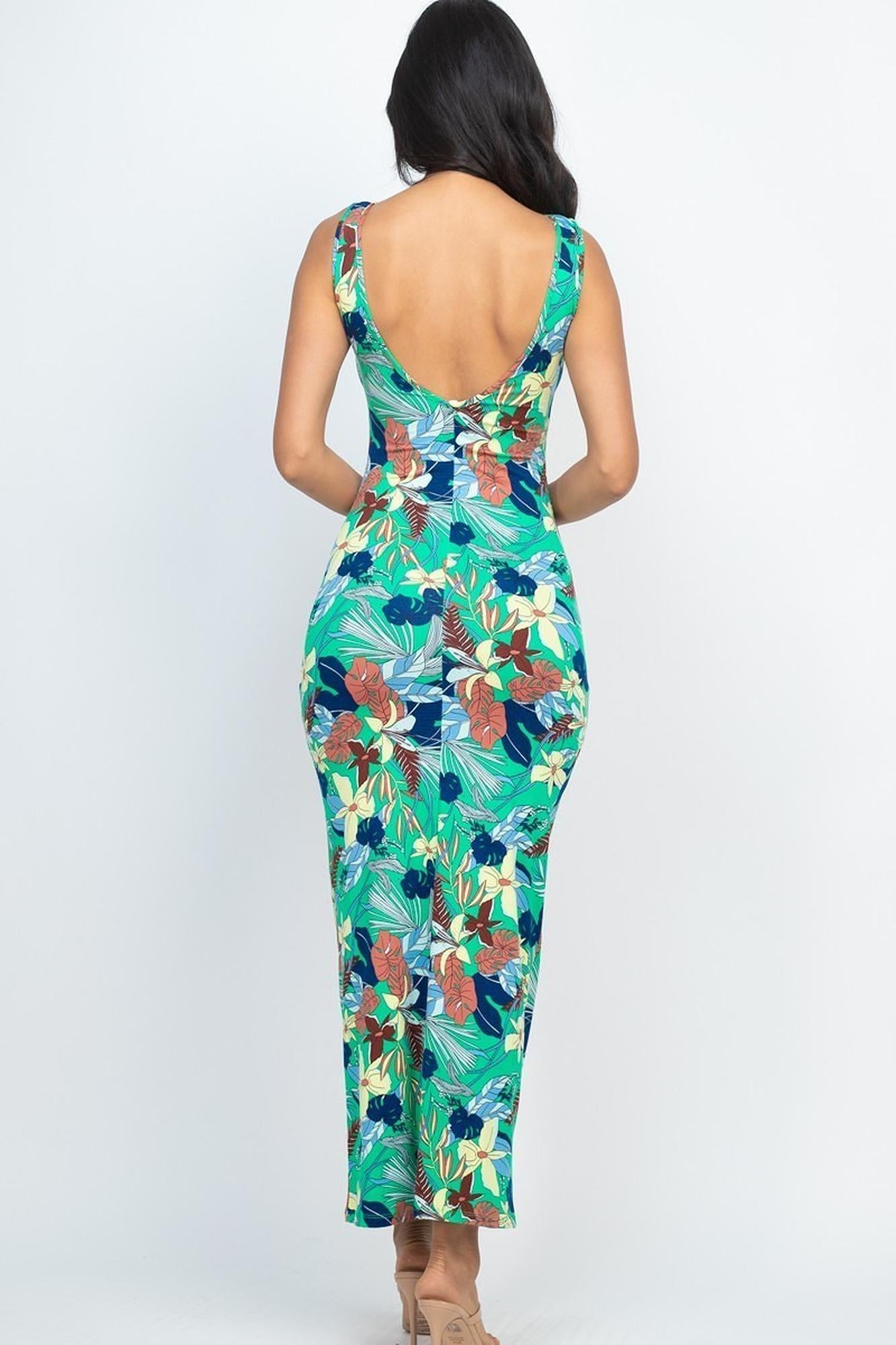 Wholesale Floral Getaway Round Neck Bodycon Maxi Dress