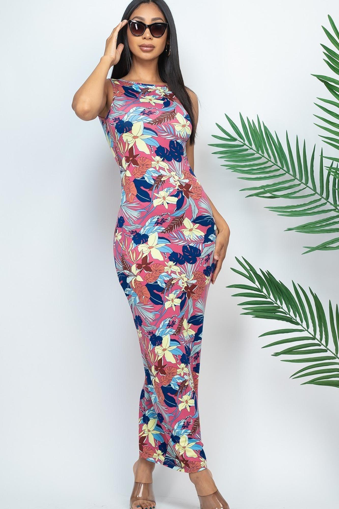 Wholesale Floral Getaway Round Neck Bodycon Maxi Dress