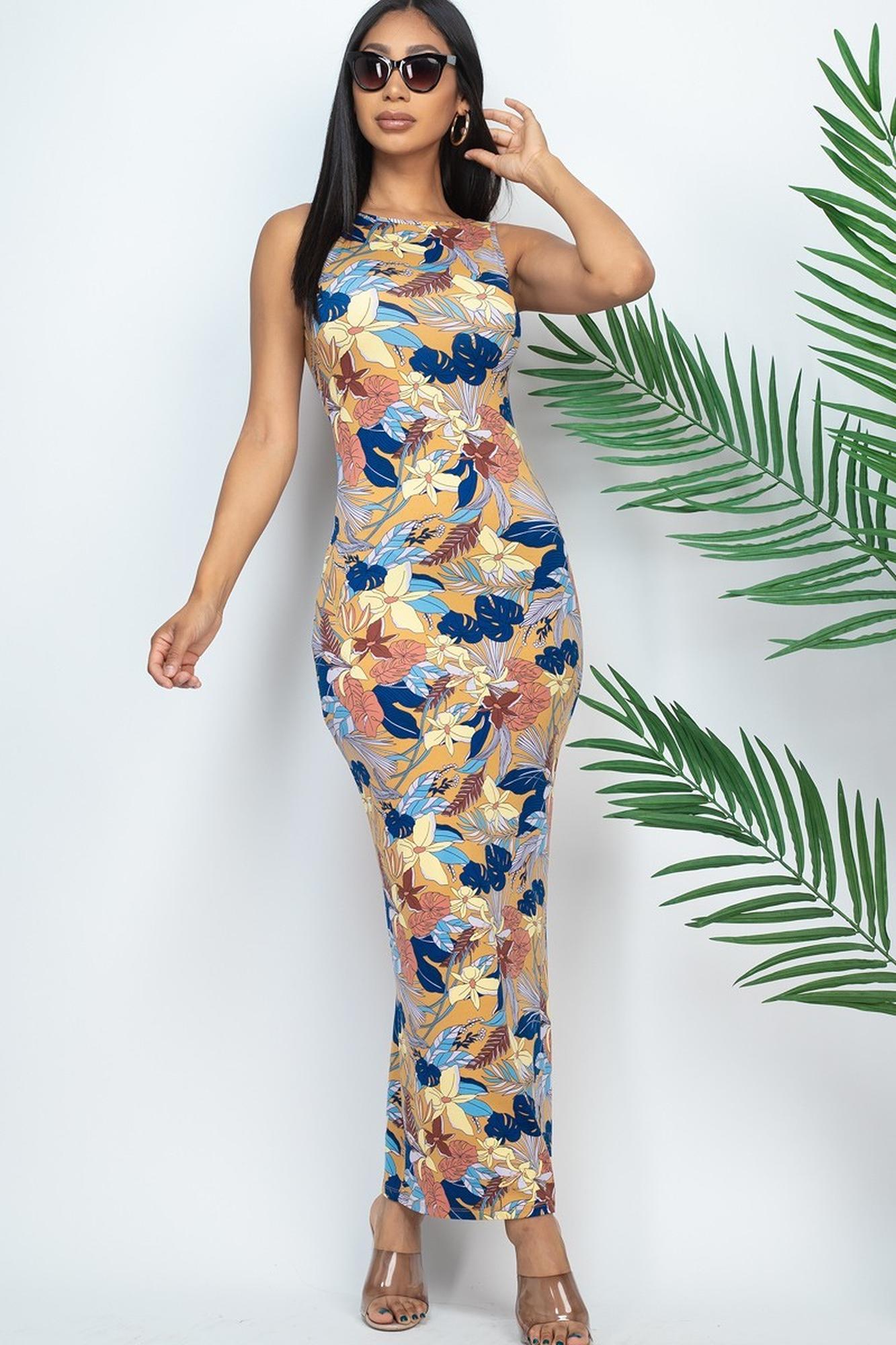 Wholesale Floral Getaway Round Neck Bodycon Maxi Dress