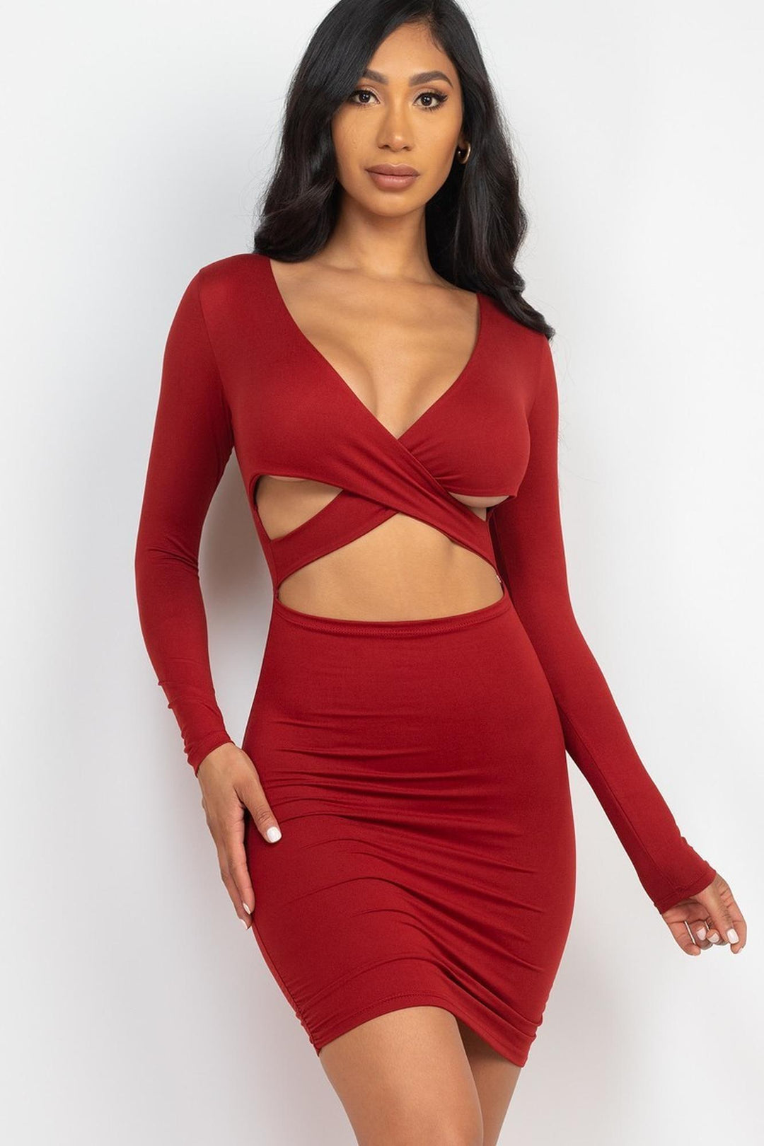 Wholesale Long Sleeve Crisscross Cut Out Front Mini Bodycon Dress