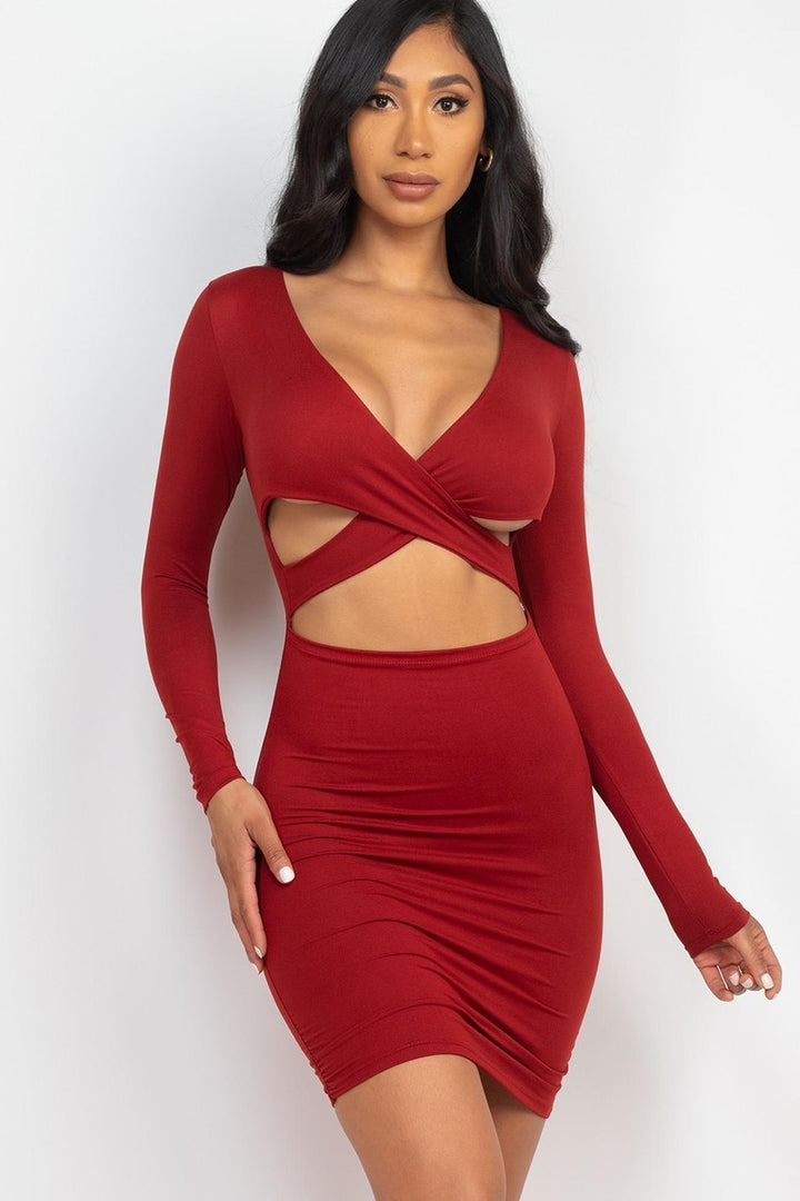 Wholesale Long Sleeve Crisscross Cut Out Front Mini Bodycon Dress