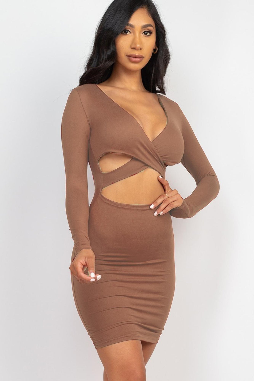 Wholesale Long Sleeve Crisscross Cut Out Front Mini Bodycon Dress