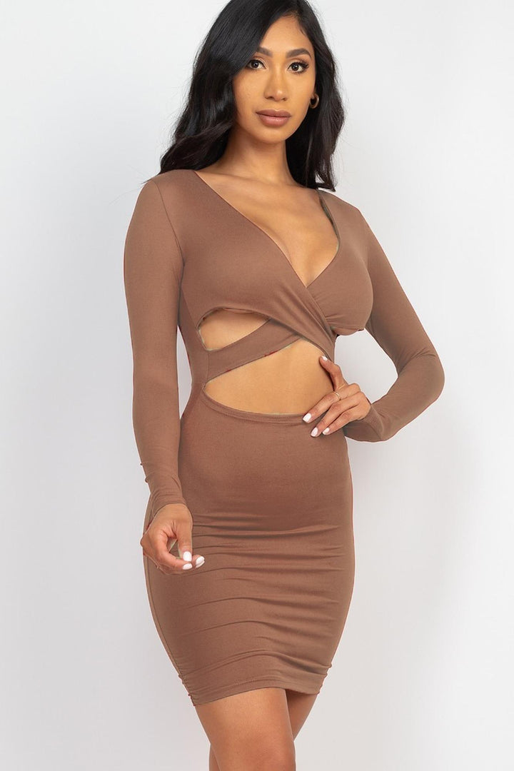 Wholesale Long Sleeve Crisscross Cut Out Front Mini Bodycon Dress