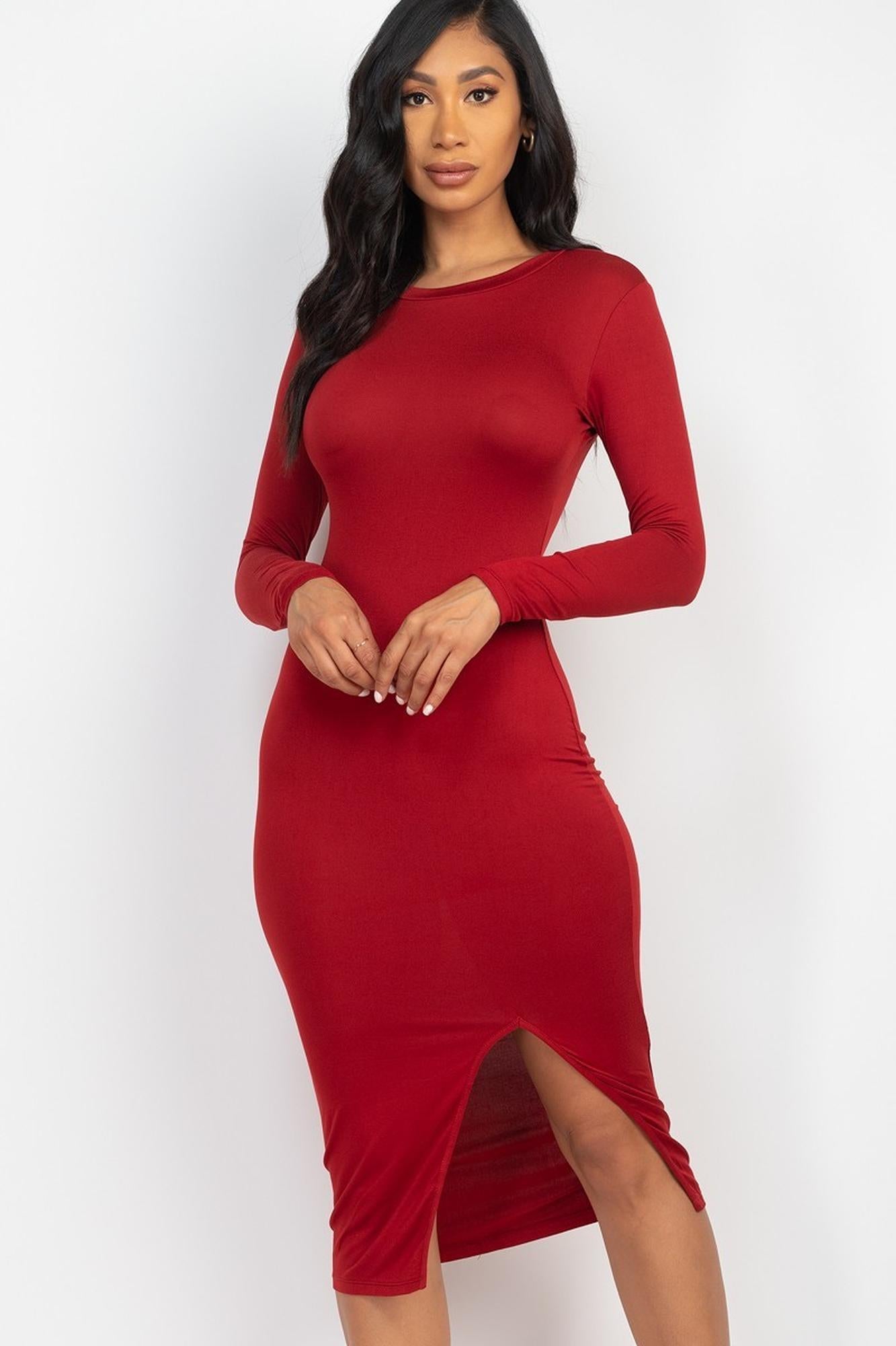 Wholesale Solid Long Sleeve Thigh Slit Midi Broycon Dress