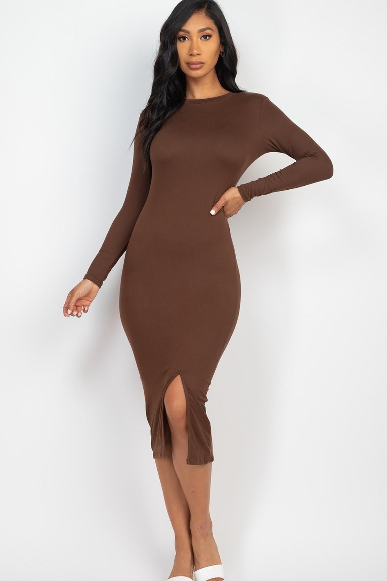 Wholesale Solid Long Sleeve Thigh Slit Midi Broycon Dress