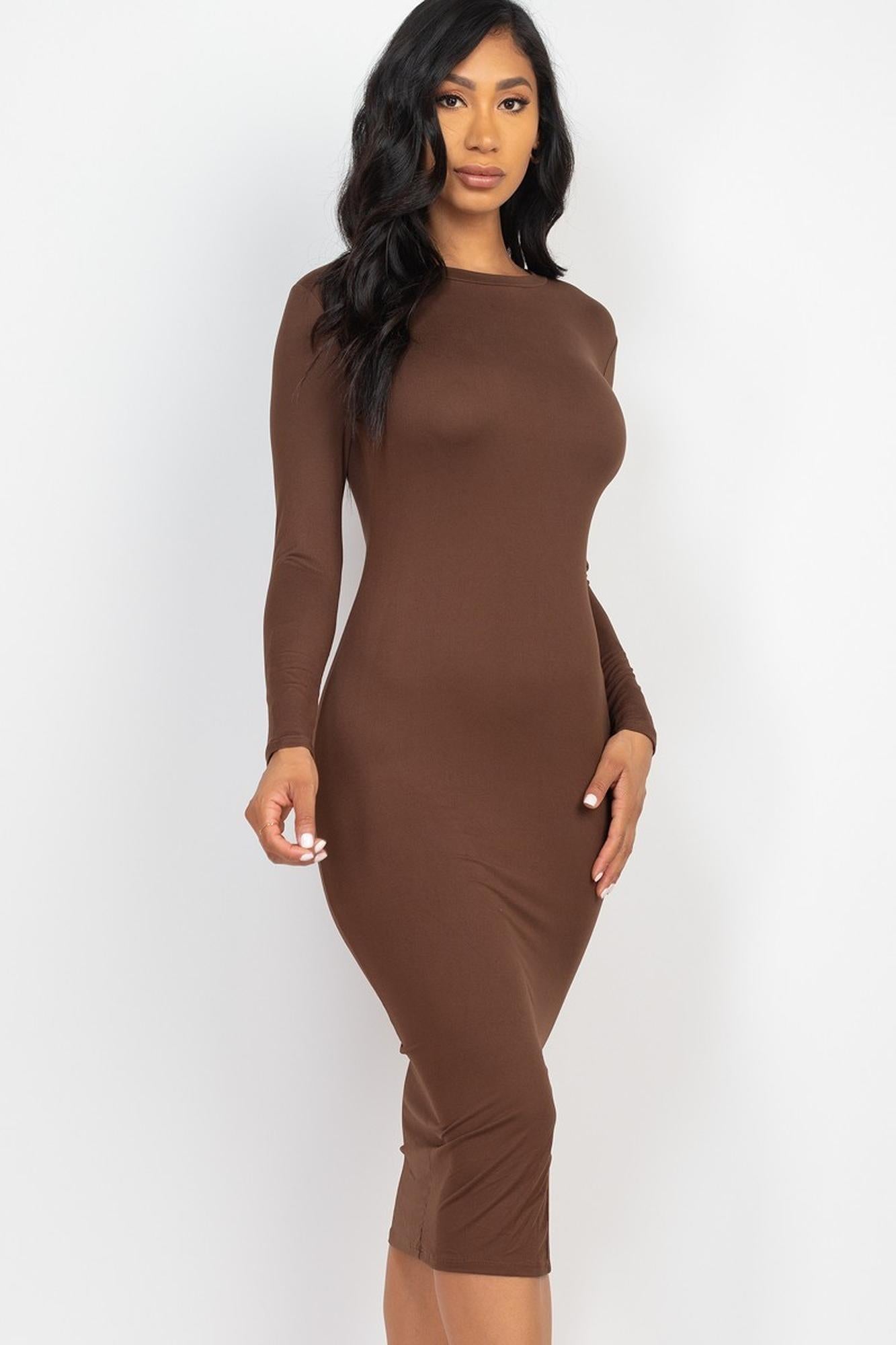 Wholesale Solid Long Sleeve Thigh Slit Midi Broycon Dress