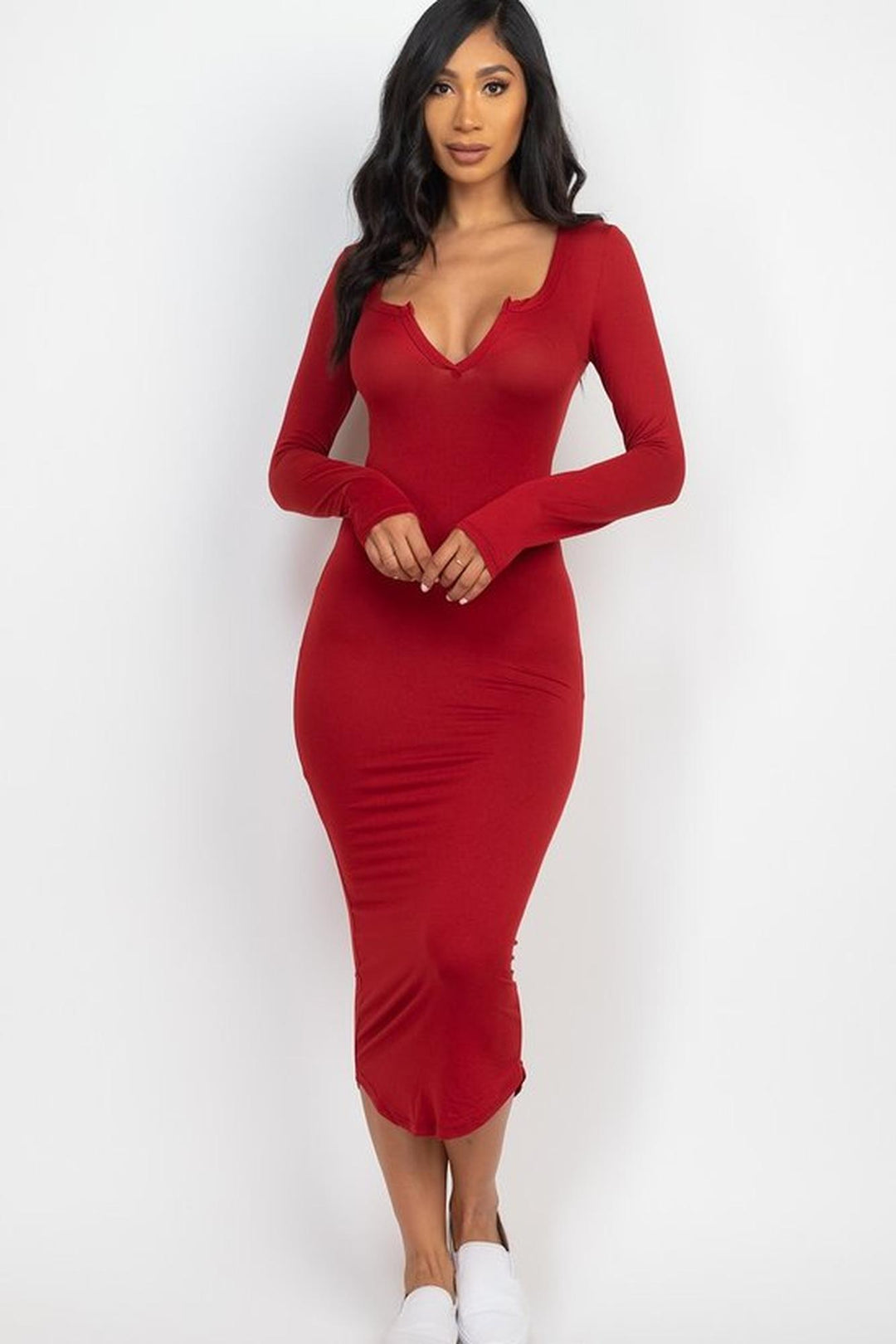 Wholesale Long Sleeve Split Neck Bodycon Midi Dress