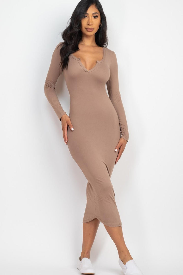 Wholesale Long Sleeve Split Neck Bodycon Midi Dress