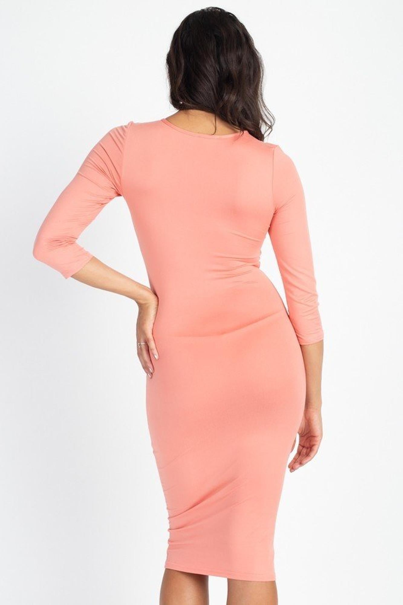 Wholesale 3/4 Sleeve Round Neck Stretch Knit Midi Dress