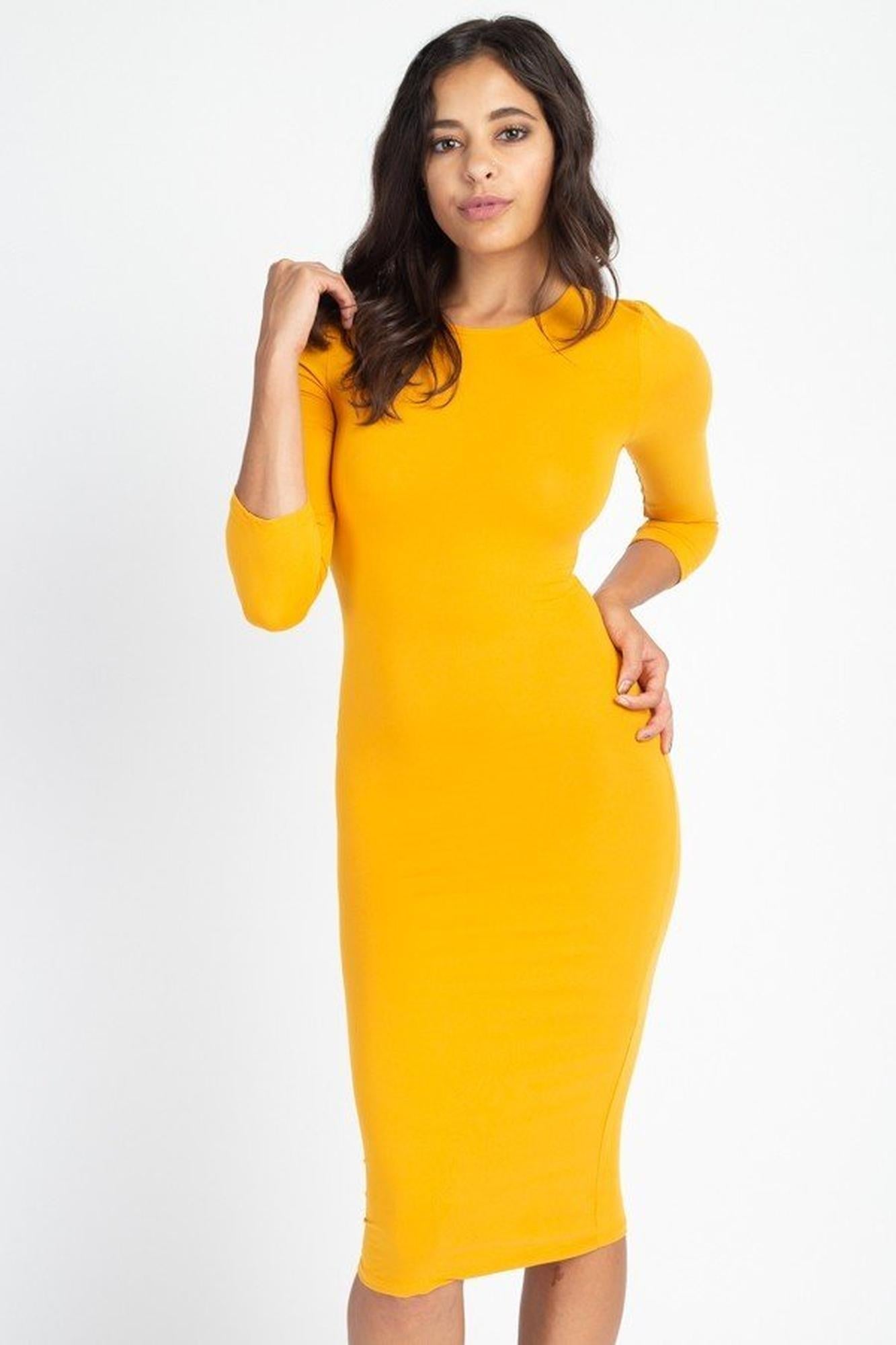 Wholesale 3/4 Sleeve Round Neck Stretch Knit Midi Dress
