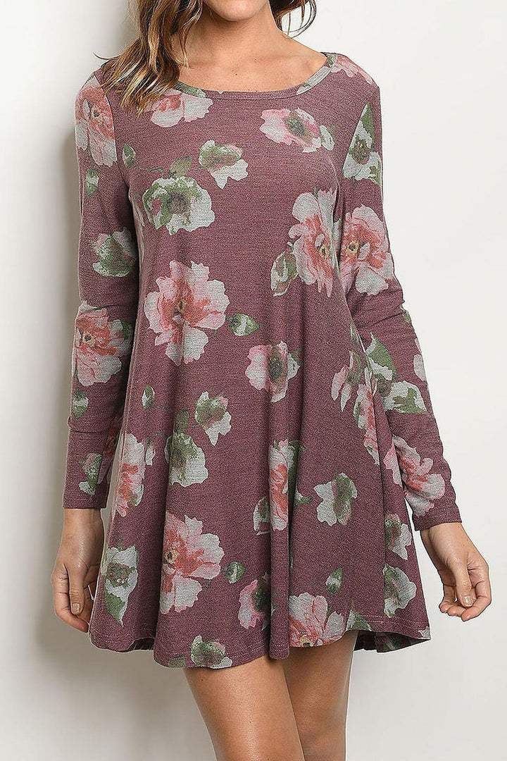 Wholesale Long Sleeve Vintage Floral Round Neck Mini Dress