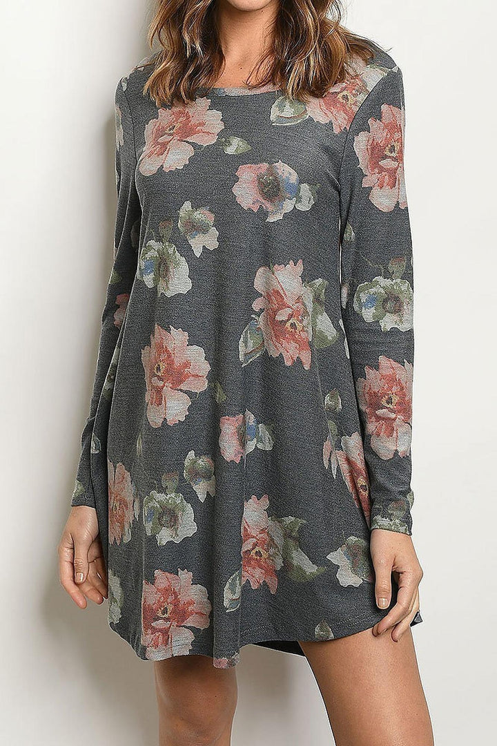Wholesale Long Sleeve Vintage Floral Round Neck Mini Dress