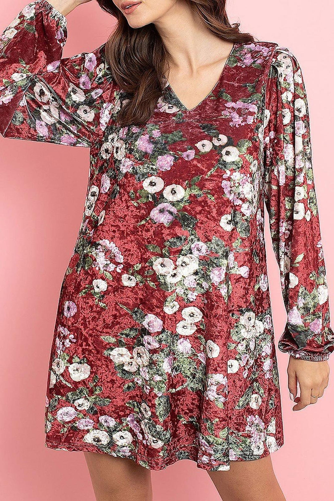 Wholesale Velvet Floral Long Sleeve Gathered Cuff V-Neck Mini Dress