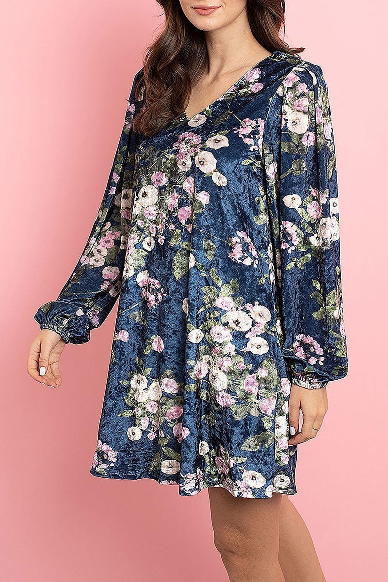 Wholesale Velvet Floral Long Sleeve Gathered Cuff V-Neck Mini Dress