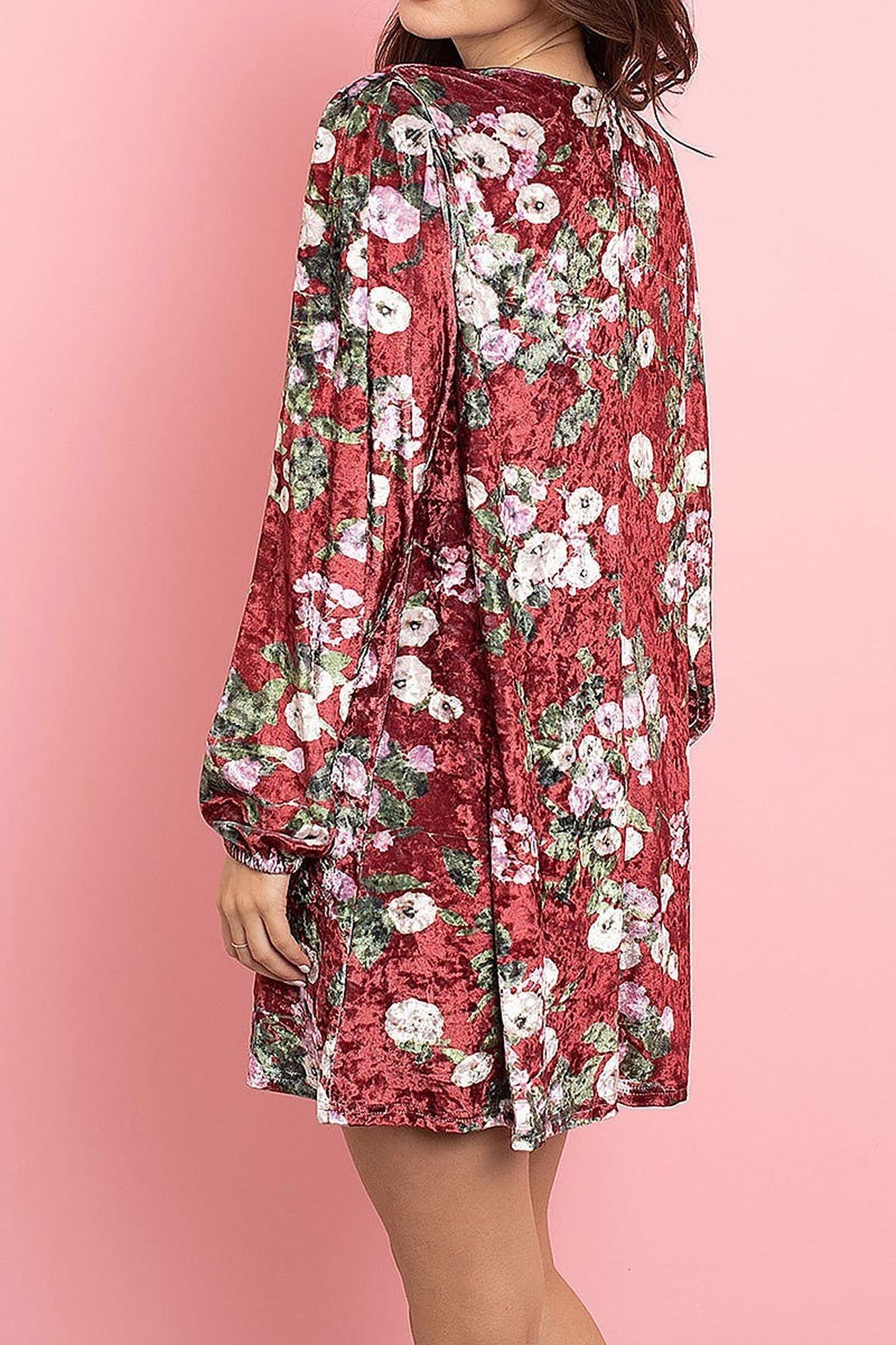 Wholesale Velvet Floral Long Sleeve Gathered Cuff V-Neck Mini Dress