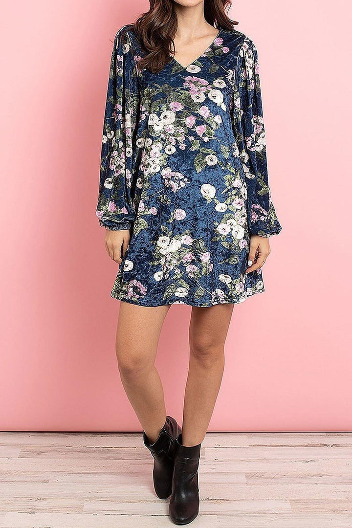 Wholesale Velvet Floral Long Sleeve Gathered Cuff V-Neck Mini Dress