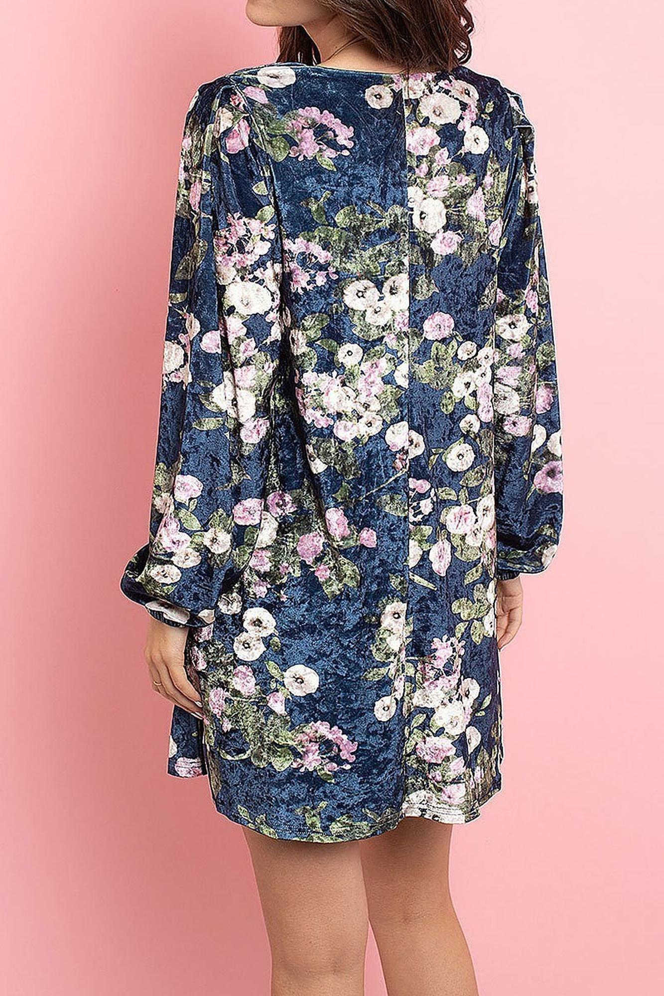 Wholesale Velvet Floral Long Sleeve Gathered Cuff V-Neck Mini Dress