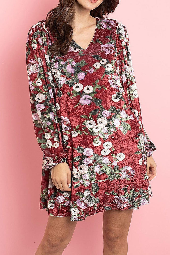 Wholesale Velvet Floral Long Sleeve Gathered Cuff V-Neck Mini Dress