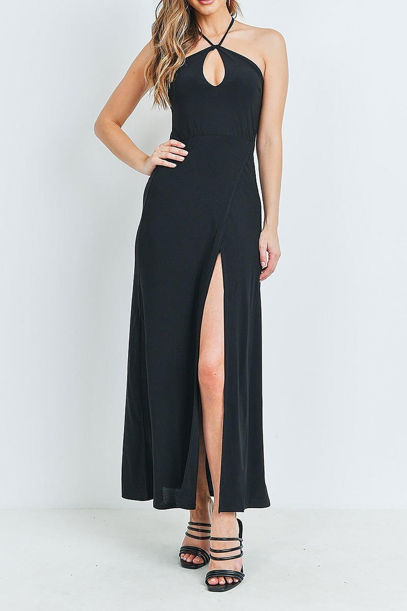 Wholesale Black Front Slit Keyhole Halter Neck Maxi Dress