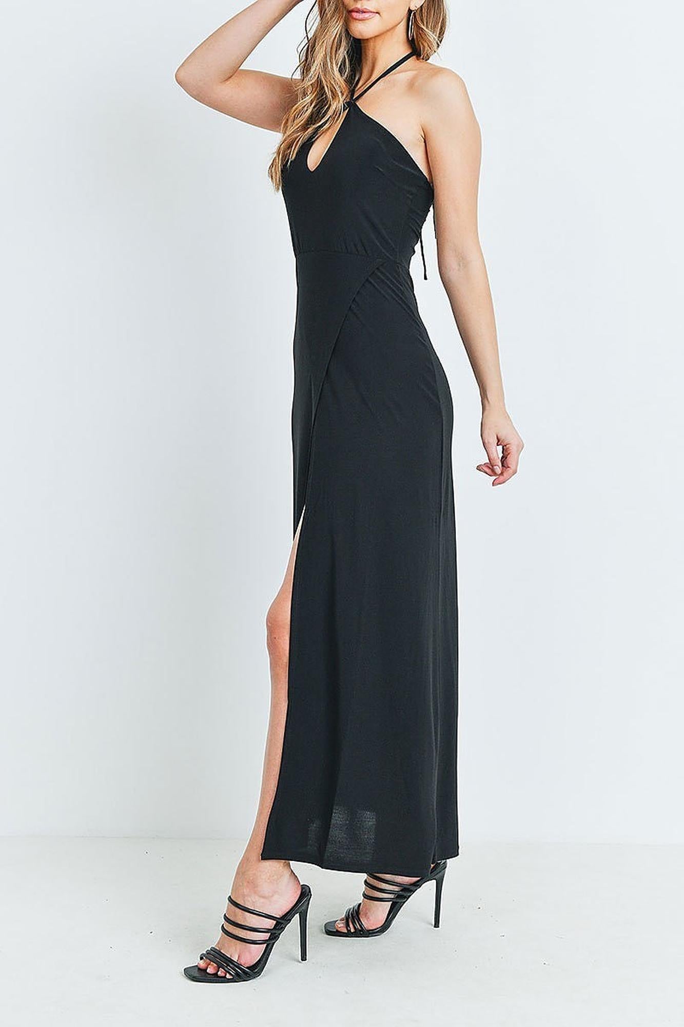 Wholesale Black Front Slit Keyhole Halter Neck Maxi Dress