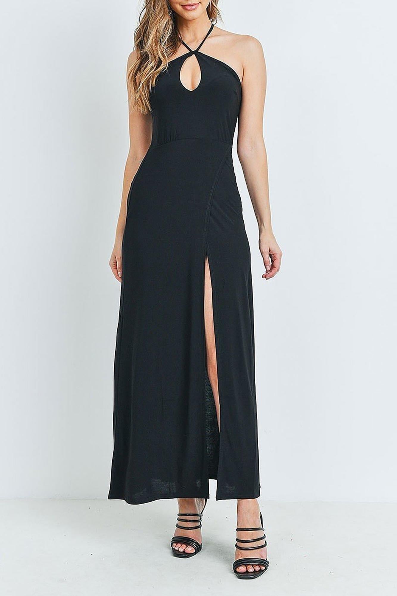 Wholesale Black Front Slit Keyhole Halter Neck Maxi Dress