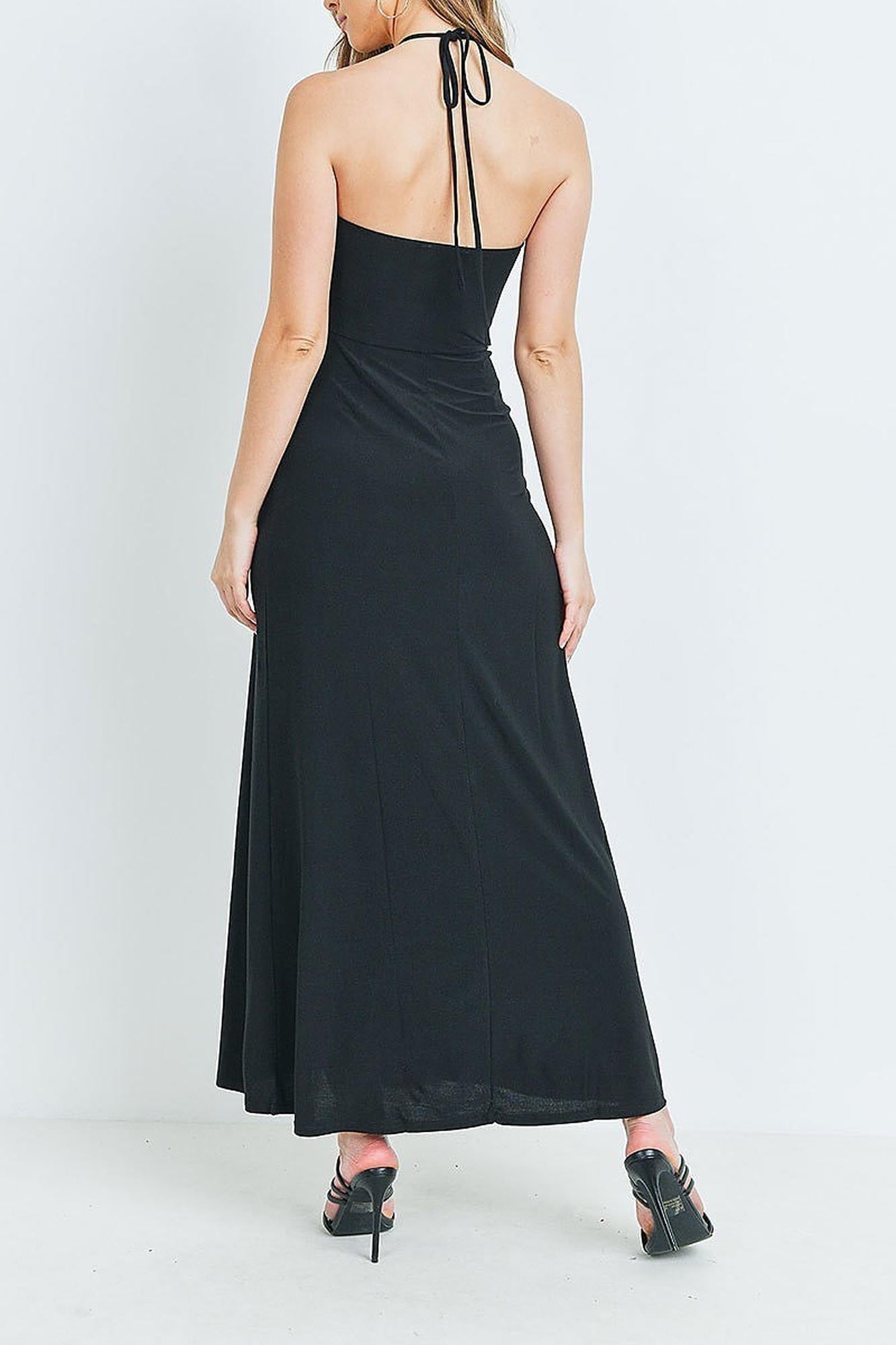 Wholesale Black Front Slit Keyhole Halter Neck Maxi Dress